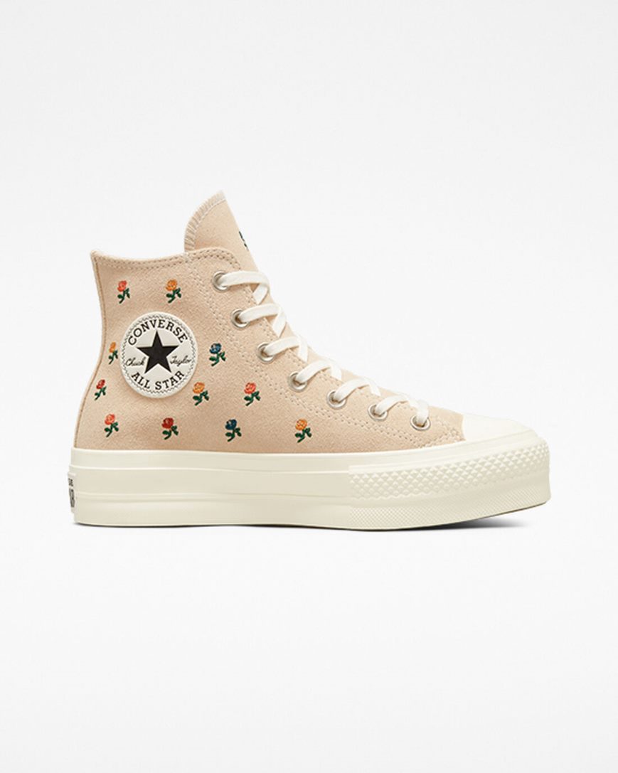 Zapatos Plataforma Converse Chuck Taylor All Star Lift Embroidered Roses Altas Mujer Beige | PE 854PW0